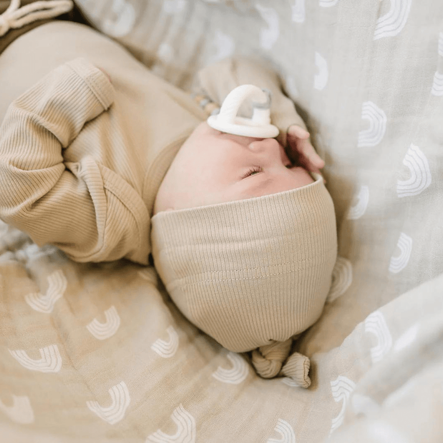 Organic Ribbed Newborn Knot Hat, Oatmeal